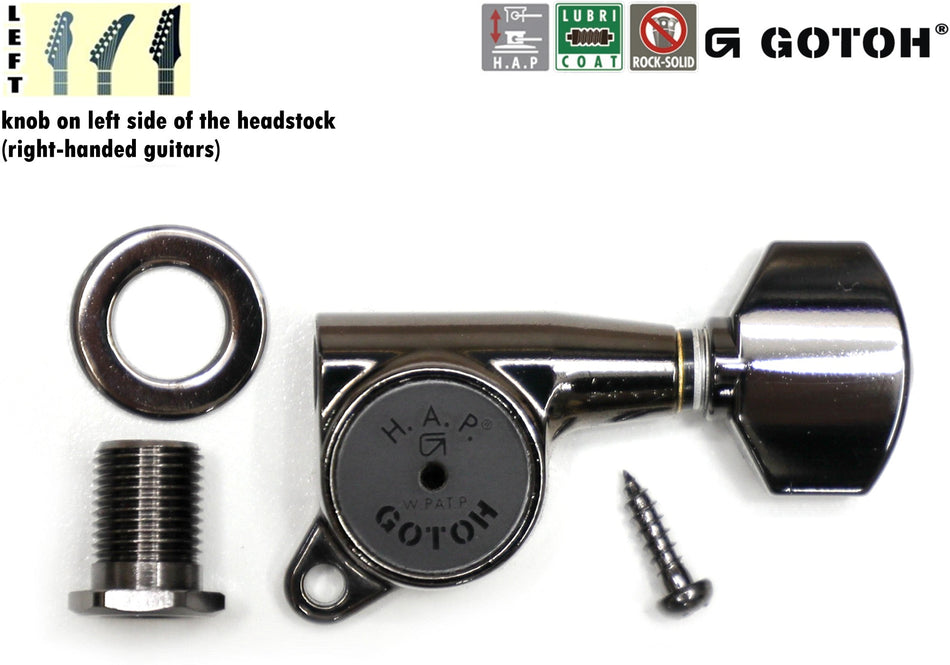 Gotoh SG381(CK)07 H.A.P. Guitar Tuner with Standard Adjustable Post from 19 to 25mm, 1 Left (Cosmo Black)