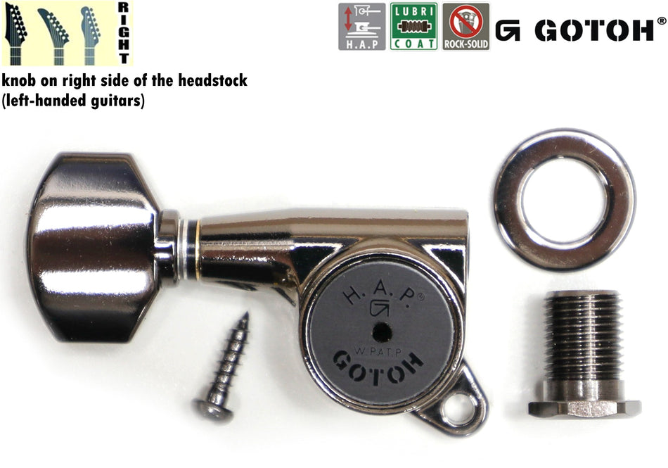 Gotoh SG381(CK)07 H.A.P. Guitar Tuner with Short Adjustable Post from 17 to 21mm, 1 Right* for Left-Hand (Cosmo Black)