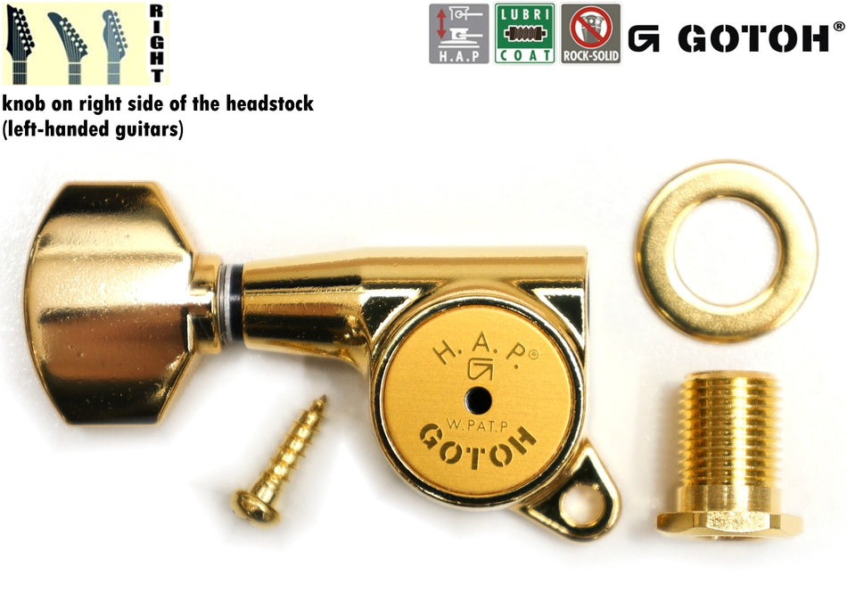 Gotoh SG381(G)07 H.A.P. Guitar Tuner with Standard Adjustable Post from 19 to 25mm, 1 Right* for Left-Hand (Gold)