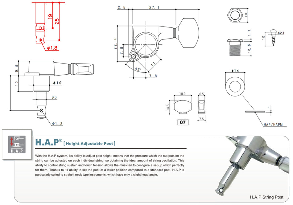Gotoh SG381(B)07 H.A.P. Guitar Tuner with Standard Adjustable Post from 19 to 25mm, 1 Left (Black)