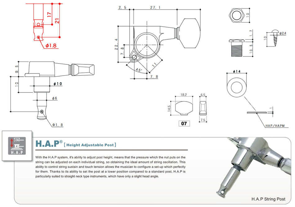 Gotoh SG381(G)07 H.A.P. Guitar Tuner with Short Adjustable Post from 17 to 21mm, 1 Left (Gold)