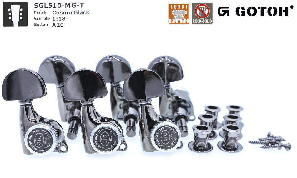 Gotoh SGL510-MGT(CK)A20 Locking Tuners with MG-T Post, 3L+3R (Cosmo Black)