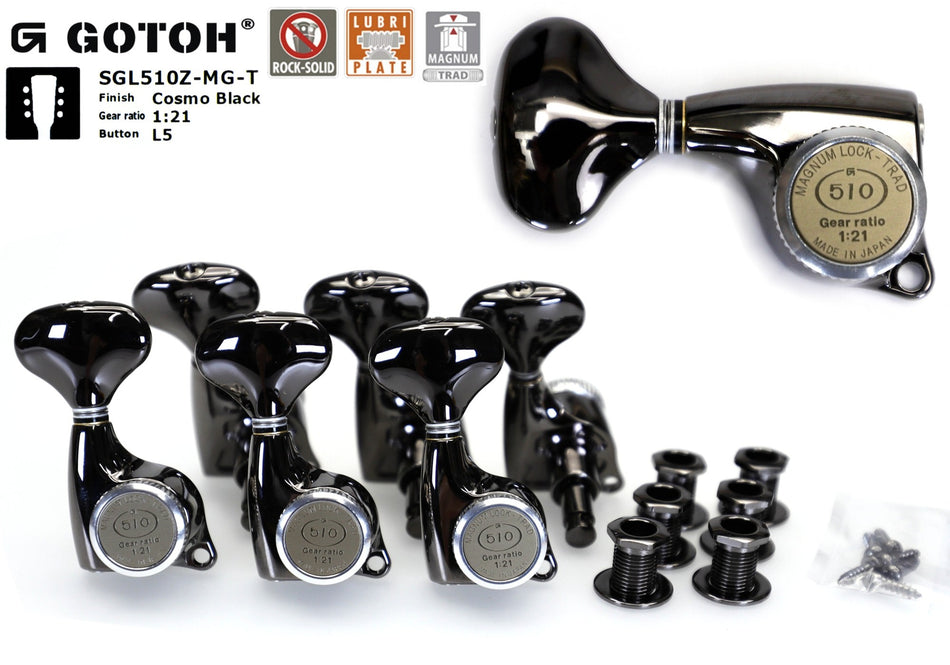 Gotoh SGL510Z-MG-T(CK)L5 Locking Tuners with MG-T Post, 3L+3R (Cosmo Black)