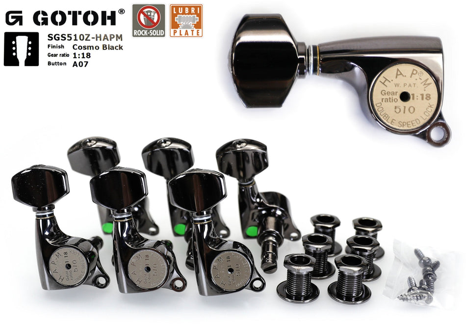 Gotoh SGS510Z-HAPM(CK)A07 Guitar Tuners with Locking Adjustable Post, 3L+3R (Cosmo Black)