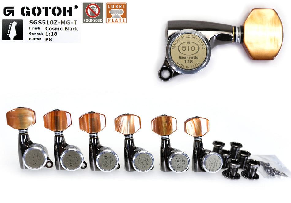 Gotoh SGS510Z-MGT(CK)P8 Tuners with thumbscrews locking MG-T Post, 6 Left (Cosmo Black)