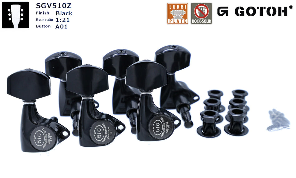 Gotoh SGV510Z(B)A01 Tuners with Standard Post, 3L+3R (Black)