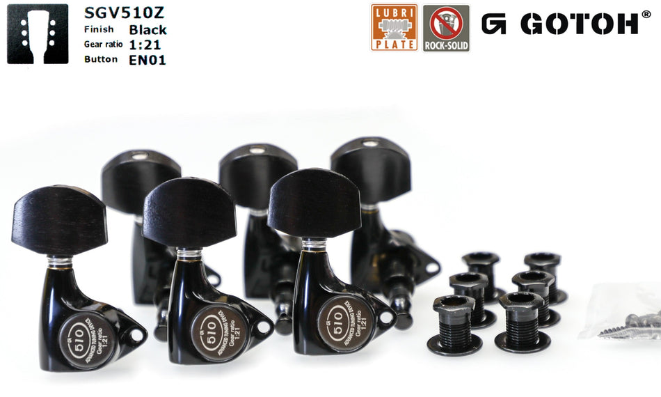 Gotoh SGV510Z(B)EN01 Tuners with Standard Post, 3L+3R (Black, Ebony Knobs)