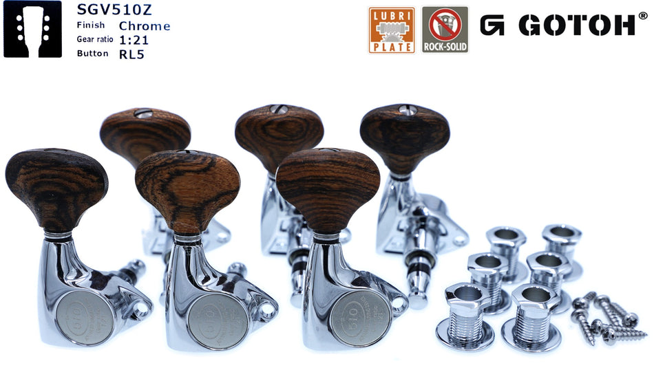 Gotoh SGV510Z(C)RL5 Tuners with Standard Post, 3L+3R (Chrome, Wood Knobs)
