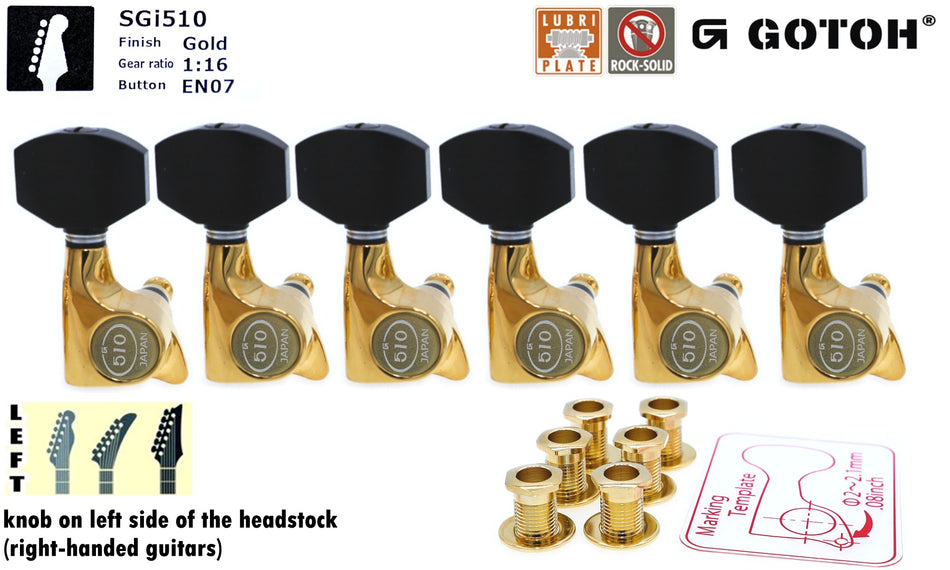 Gotoh SGi510(G)EN07 Super-Mini Tuners with Standard Post, 6-Left (Gold, Ebony Knobs)