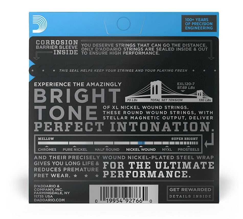 D’Addario XL120-7 Nickel Wound Electric Guitar 6-Strings, Super-Light (9-54)